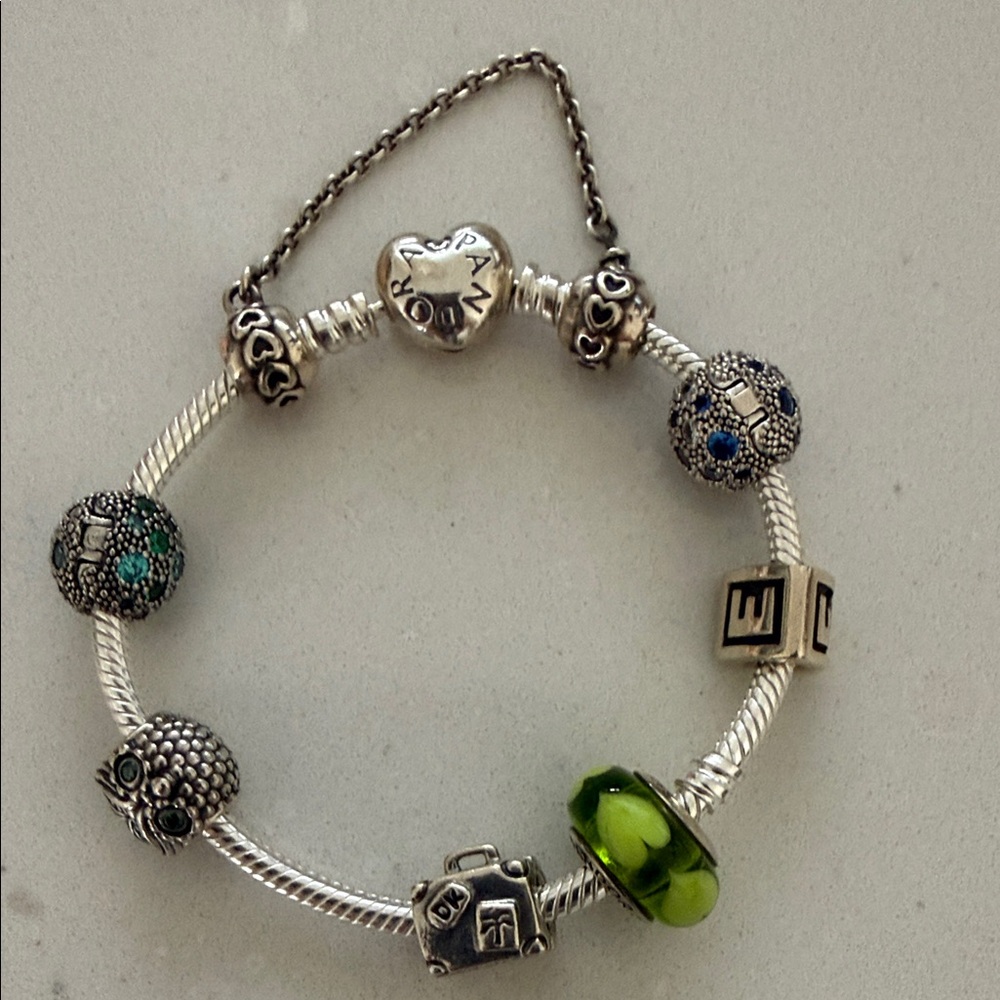 Pandora Silver Charm Bracelet with Green Glass Charm